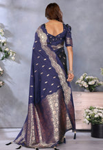Load image into Gallery viewer, Navy Blue Banarasi Silk Saree With Blouse