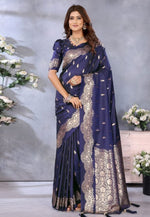 Load image into Gallery viewer, Navy Blue Banarasi Silk Saree With Blouse