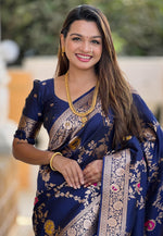 Load image into Gallery viewer, Navy Blue Banarasi Silk Saree With Blouse