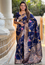 Load image into Gallery viewer, Navy Blue Banarasi Silk Saree With Blouse