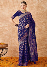 Load image into Gallery viewer, Navy Blue Banarasi Silk Saree With Blouse