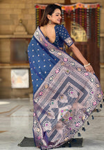 Load image into Gallery viewer, Navy Blue Banarasi Silk Saree With Blouse