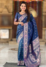 Load image into Gallery viewer, Navy Blue Banarasi Silk Saree With Blouse
