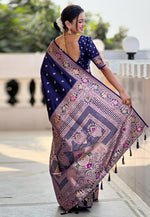 Load image into Gallery viewer, Navy Blue Banarasi Silk Saree With Blouse