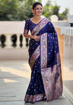 Load image into Gallery viewer, Navy Blue Banarasi Silk Saree With Blouse