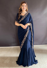 Load image into Gallery viewer, Navy Blue Faux Georgette Lehenga Saree