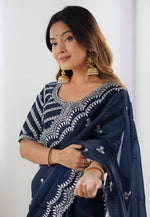 Load image into Gallery viewer, Navy Blue Organza Saree With Blouse
