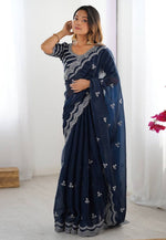 Load image into Gallery viewer, Navy Blue Organza Saree With Blouse
