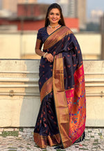 Load image into Gallery viewer, Navy Blue Silk Saree With Blouse
