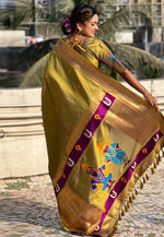 Load image into Gallery viewer, Olive Green Silk Paithani Saree