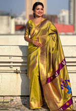 Load image into Gallery viewer, Olive Green Silk Paithani Saree