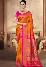 Load image into Gallery viewer, Orange Art Silk Paithani Saree