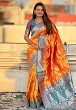 Load image into Gallery viewer, Orange Banarasi Silk Saree With Blouse
