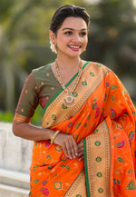 Load image into Gallery viewer, Orange Silk Paithani Saree