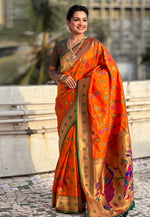 Load image into Gallery viewer, Orange Silk Paithani Saree