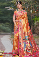 Load image into Gallery viewer, Orange Silk Paithani Saree