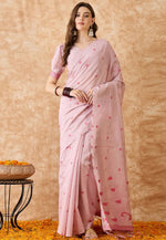 Load image into Gallery viewer, Pink Cotton Jacquard Saree With Blouse