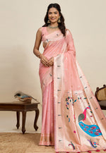 Load image into Gallery viewer, Peach Cotton Silk Paithani Saree