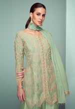 Load image into Gallery viewer, Pista Green Chinon Embroidered Palazzo Suit