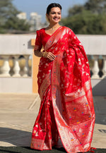 Load image into Gallery viewer, Red Banarasi Silk Saree With Blouse
