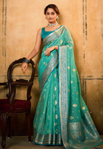 Load image into Gallery viewer, Sea Green Banarasi Silk Saree With Blouse