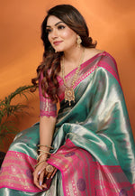 Load image into Gallery viewer, Sea Green Banarasi Silk Saree With Blouse