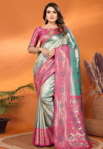 Load image into Gallery viewer, Sea Green Banarasi Silk Saree With Blouse
