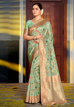 Load image into Gallery viewer, Sea Green Banarasi Silk Saree With Blouse