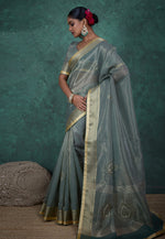 Load image into Gallery viewer, Sea Green Linen Saree With Blouse