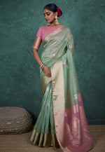 Load image into Gallery viewer, Sea Green Linen Saree With Blouse