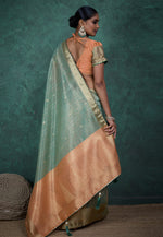 Load image into Gallery viewer, Sea Green Linen Saree With Blouse