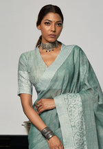 Load image into Gallery viewer, Sea Green Linen Saree With Blouse