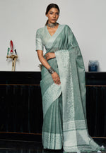 Load image into Gallery viewer, Sea Green Linen Saree With Blouse