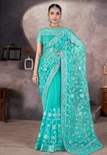 Load image into Gallery viewer, Sea Green Net Saree With Blouse
