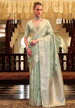 Load image into Gallery viewer, Sea Green Satin Silk Saree With Blouse