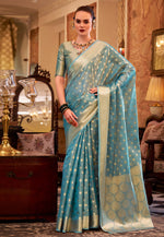Load image into Gallery viewer, Sea Green Tissue Silk Saree With Blouse