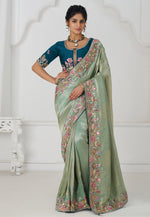 Load image into Gallery viewer, Sea Green Viscose Saree With Blouse