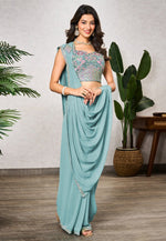 Load image into Gallery viewer, Sky Blue Shimmer Georgette Saree With Blouse