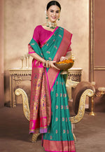 Load image into Gallery viewer, Teal Art Silk Saree With Blouse