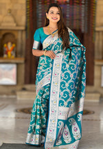 Load image into Gallery viewer, Teal Banarasi Silk Saree