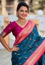 Load image into Gallery viewer, Teal Banarasi Silk Saree
