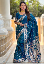 Load image into Gallery viewer, Teal Banarasi Silk Saree