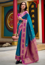 Load image into Gallery viewer, Teal Banarasi Silk Saree