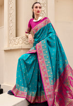 Load image into Gallery viewer, Teal Banarasi Silk Saree