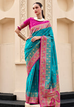 Load image into Gallery viewer, Teal Banarasi Silk Saree