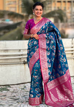 Load image into Gallery viewer, Teal Banarasi Silk Saree