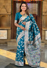 Load image into Gallery viewer, Teal Banarasi Silk Saree