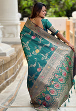 Load image into Gallery viewer, Teal Banarasi Silk Saree