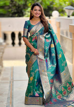 Load image into Gallery viewer, Teal Banarasi Silk Saree