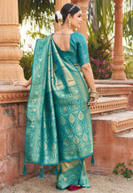 Load image into Gallery viewer, Teal Banarasi Silk Saree With Blouse